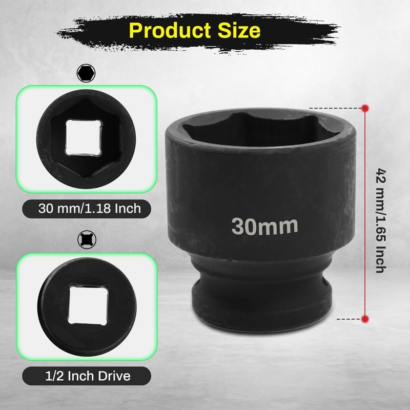 SUNKOO 1/2 Inch Drive 30mm Deep Impact Socket, CR-MO 6 Point Heavy Duty Metric Axle Nut Socket for Easy Removal of Axle and Wheel Hub Nuts - Image 2